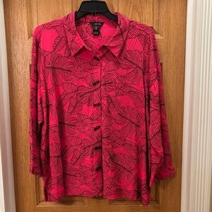 Ali Miles - Pink Button-Down Shirt with Black Leaf Pattern